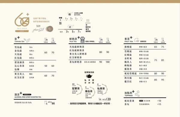2025年 60+ tea shop 完整菜單價目表，包含台灣茶、鮮奶茶、果茶等系列