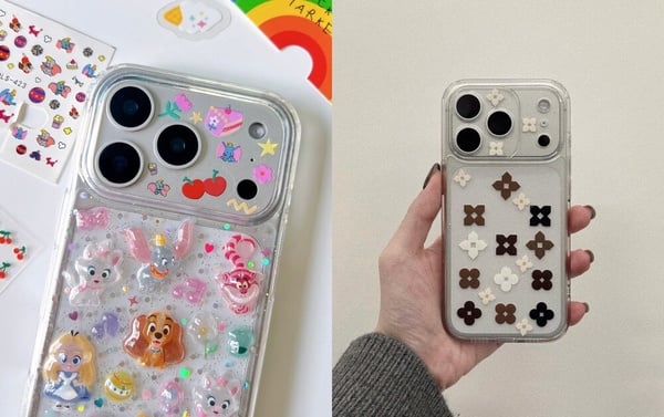 兩款iPhone手機鏡頭裝飾範例，一款貼著Y2K風格的星星與緞帶貼紙，另一款則是用彩色小貼紙點綴，展現繽紛可愛的鏡頭貼紙風格。