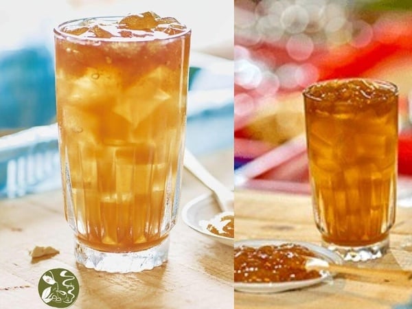 一沐日人氣第一名的組合「蕎麥茶加粉粿」，清澈的茶湯中漂浮著手工粉粿。