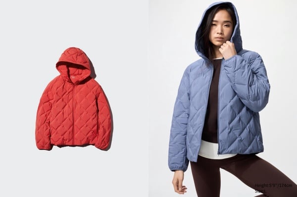 一名女性模特兒穿著UNIQLO PUFFTECH輕暖科技連帽外套，展示其輕薄版型與都會風格。