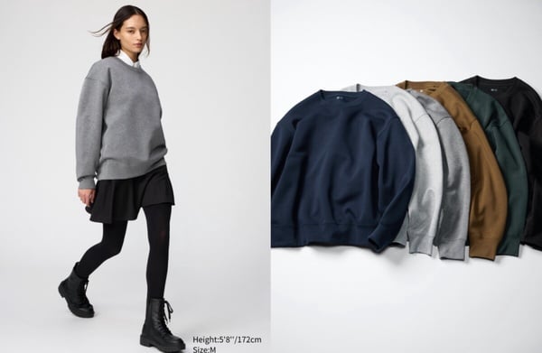 女模特兒演繹UNIQLO:C寬版休閒上衣，證明其中性設計與百搭特性