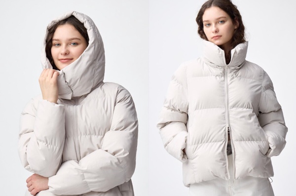 模特兒身穿 GU WARM PADDED 夾層外套，呈現其輕盈保暖且不顯臃腫的風格