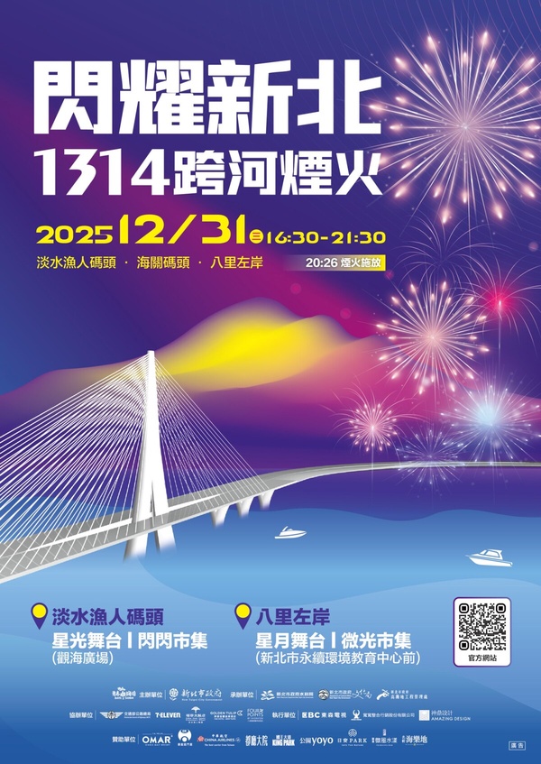 2026年閃耀新北1314跨河煙火秀在淡水河上空綻放的璀璨夜景，背景為淡江大橋