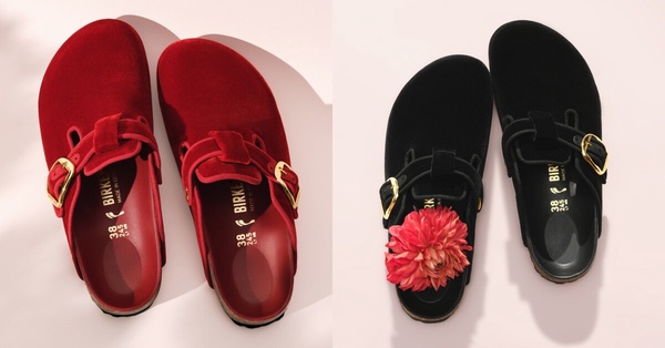 BIRKENSTOCK BOSTON 2026馬年限定絲絨版，紅色與黑色配搭金色大扣飾