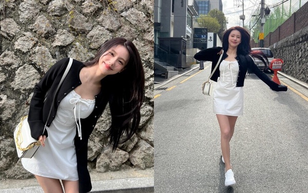 i-dle 薇娟：白色連身洋裝＋黑色針織外套