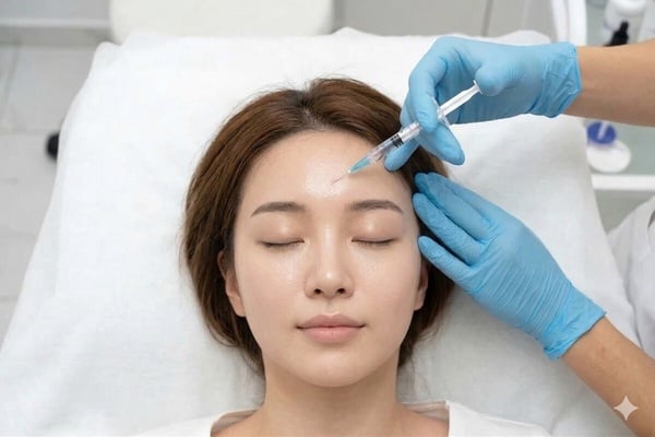 時針 (Profhilo) 針劑施打示意圖：醫師將非鏈結玻尿酸均勻注入額頭真皮淺層。