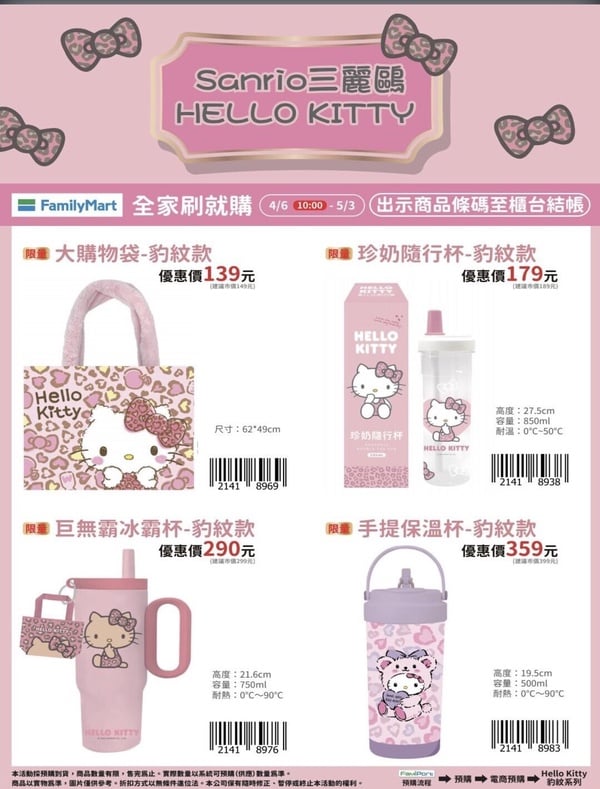 Kitty在全家！全家刷就購「Hello Kitty周邊」4/6開賣，Kitty環保杯、Kitty豹紋墊必收