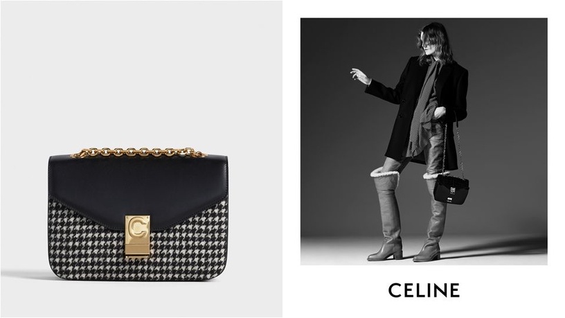CELINE C黝黑色格紋布小牛皮中型鍊帶包,NT99,000