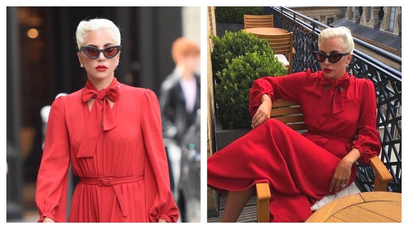 Lady Gaga 超仙紅紗洋裝!與男友手牽手漫步巴黎街頭