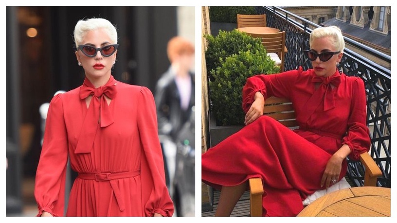 Lady Gaga 超仙紅紗洋裝！與男友手牽手漫步巴黎街頭