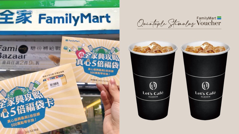 全家五倍券加碼「咖啡買一送一」!全家五倍券再送500購物金、抽汽車,還有五倍福袋卡
