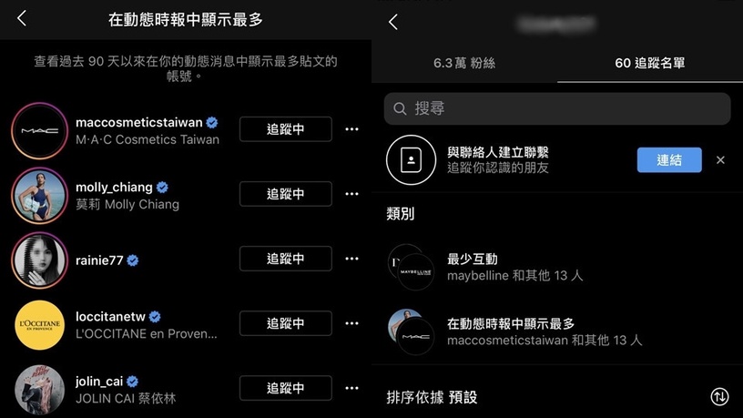 IG推出了新功能,可以從個人頁面找出「最少互動」的帳號名單。
