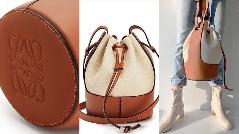 #Loewe Balloon Bag棕米帆布拼接小牛皮水桶肩背提包/NT$88,000
