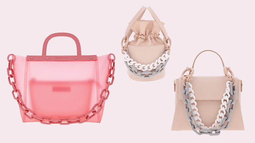 Charles & Keith 透明果凍粗鍊托特包,NT$2,390/ 束口粗鍊水桶包,NT$2,390