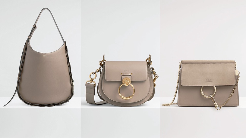 Chloé Darryl大象灰小型肩背包,NT$47,000 Chloé Tess 大象灰肩背手提包,NT$59,800 Chloé Faye大象灰小型鍊帶手拿包,NT$45,200