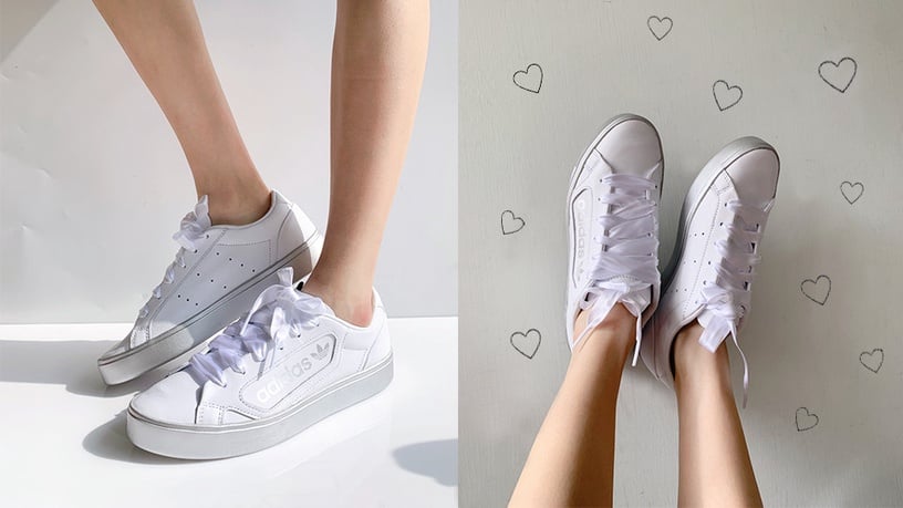 adidas也推出緞帶鞋!adidas Sleek緞帶小白鞋,純淨白+銀色厚底,低調小心機太吸睛!