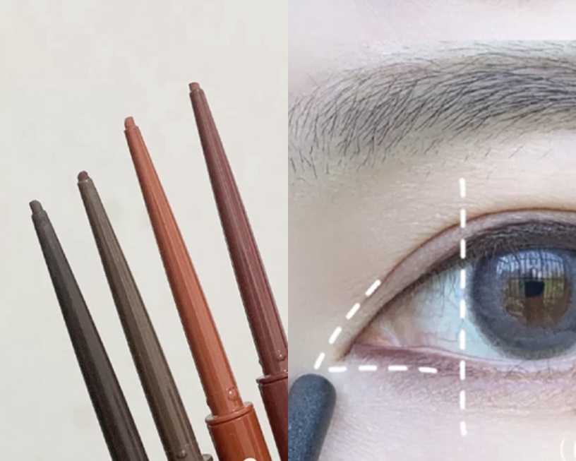 蒙古折眼妝畫法STEP 1：粉棕色眼線筆+內眼角眼線