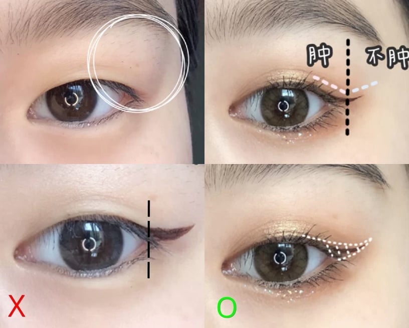 腫泡單眼皮眼線畫法STEP 2:眼線從眼尾非腫泡區域勾起