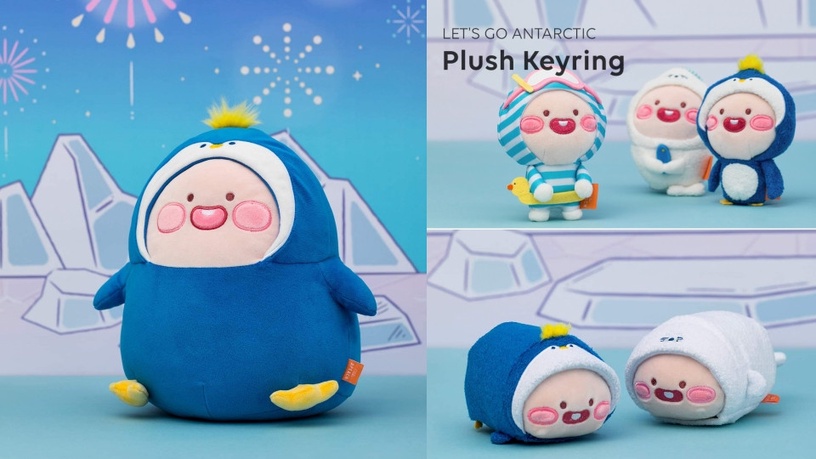 日本 Kakao Friends 推出南極系列玩偶，APeach桃子扮成企鵝、海豹的可愛造型，圓滾滾的模樣好討喜呀