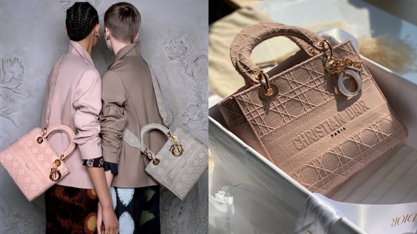 2020粉紅包包 #Dior Lady D-Lite 粉色刺繡帆布中型提包，NT$140,000