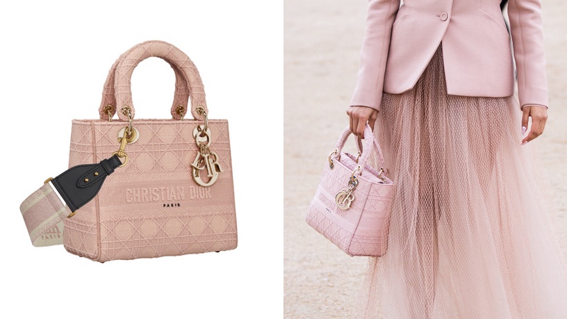 2020粉紅包包 #Dior Lady D-Lite 粉色刺繡帆布中型提包，NT$140,000