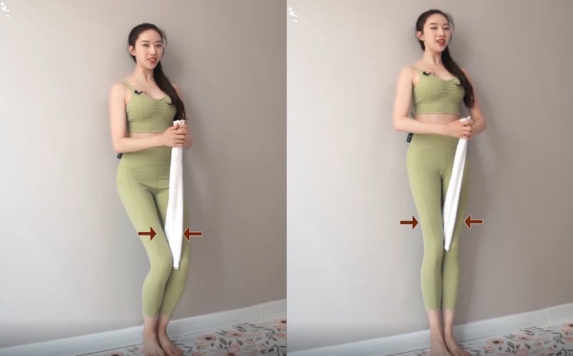 瘦大腿運動3:夾毛巾貼牆蹲