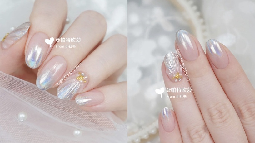 韓系貝殼光美甲推薦!水鑽、霓彩點綴,宛如人魚眼淚灑落指尖