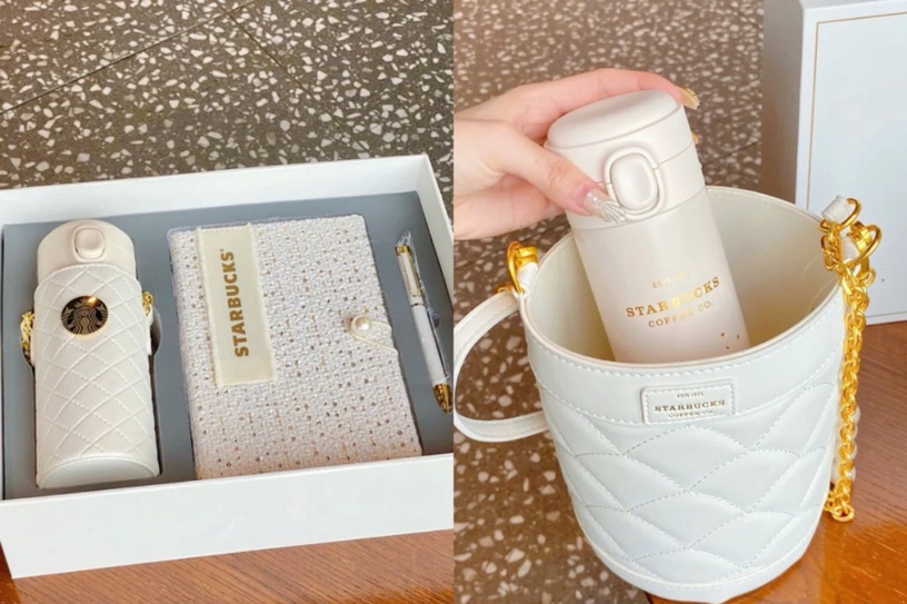 星巴克吹起「小香風」!純白菱格紋、珍珠金鏈杯套超仙,純白小香風水桶包質感爆表!