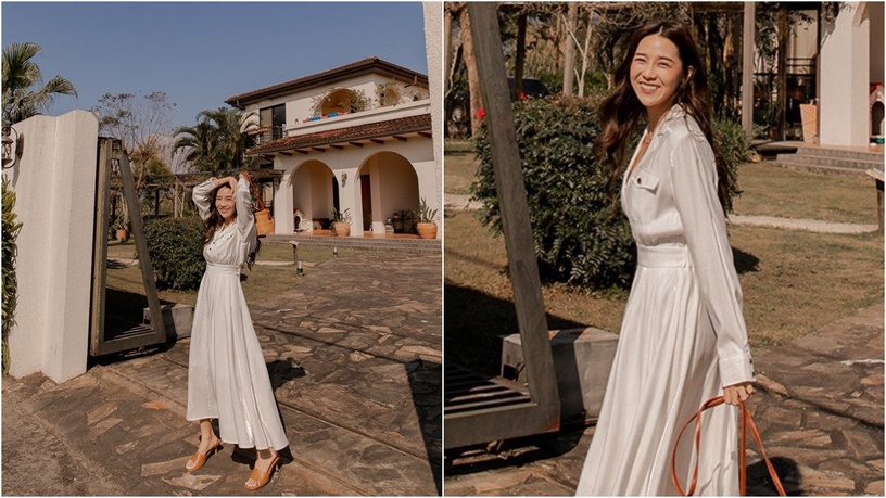 韓國女星太妍身著Sandro 2021春夏系列,Sandro_綠色印花洋裝 NT13,680 圖片來源_Instagram @taeyeon_ss