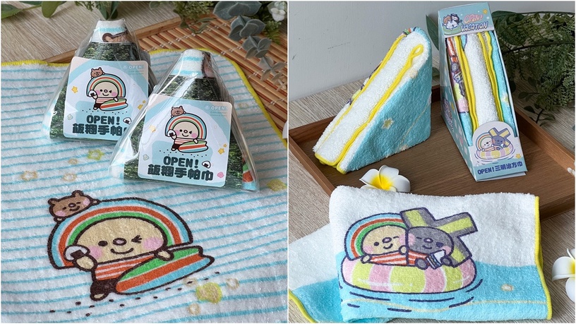 ▼(左)7-11OPEN!飯糰手帕巾/199元,(右)7-11OPEN!三明治方巾/219元