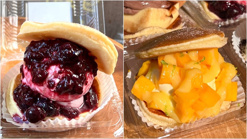 (左)BKSK莓果森林乳酪鬆餅/70元,(右)BKSK香甜芒果檸檬乳酪鬆餅/75元