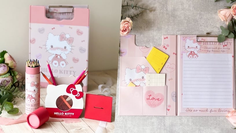 Hello Kitty以夢幻的粉嫩色調，推出24色色鉛筆組、A4多用途手寫板。