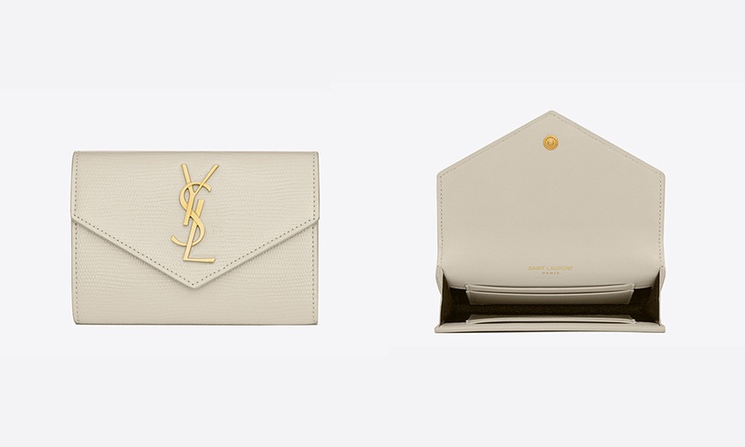 2023精品「短夾/卡片包」推薦3：YSL 蜥蜴皮壓紋皮革小型信封錢包，NT$16,100