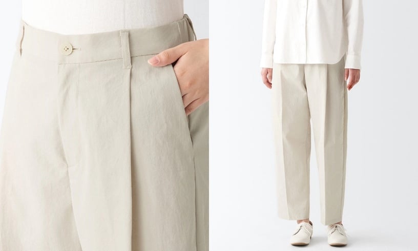 平價寬褲推薦：無印良品 撥水加工彈性聚酯纖維打摺寬擺褲，NT$990